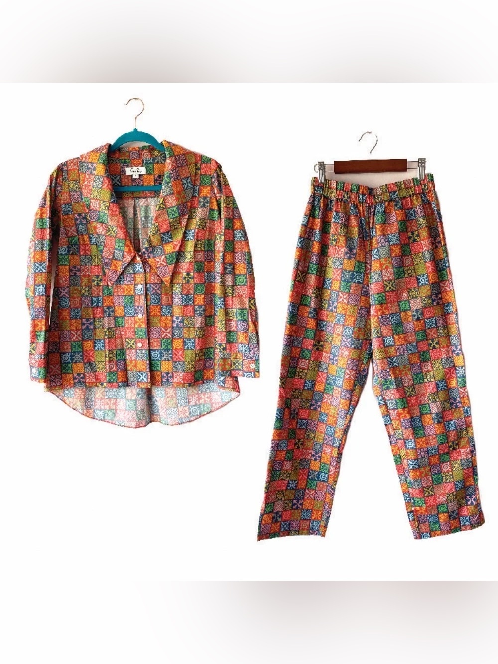 Coco Shop 2 Piece Set Cotton Navy Checkboard Print Shirt Pants Size Small